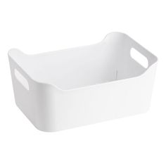 a white plastic container with handles on the top and bottom, is shown in front of a