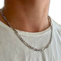 Elegant Silver Figaro Chain Necklace, Elegant Silver Figaro Chain Jewelry, Elegant Silver Necklace With Figaro Chain, Silver Figaro Chain Necklace Gift, Classic White Gold Jewelry With Figaro Chain, Figaro Chain Link Necklace Gift, Sterling Silver Jewelry With Figaro Chain, White Gold Figaro Chain Link Jewelry, Classic Silver Cuban Link Necklace With Figaro Chain