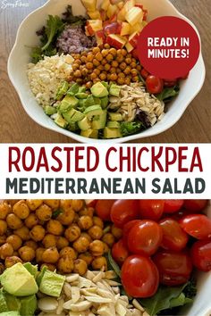 roasted chickpea mediterranean salad with tomatoes, avocado and lettuce