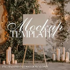 an easel with candles around it and the words mock mockup template on top