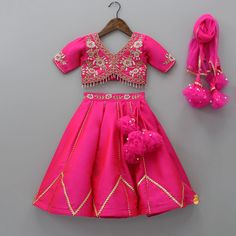 Floral Embroidered Pink Top And Lenega With Matching Net Dupatta Side Lehenga, Net Tassels, Lehenga Pink, Girls Party Wear, Kids Lehenga, India Dress, Kids Fashion Dress, Net Dupatta