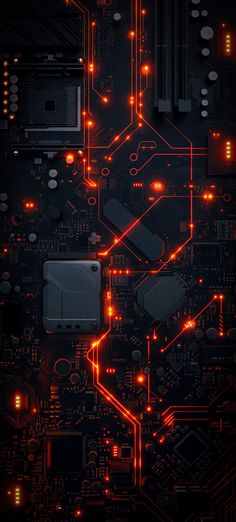 an electronic circuit board with red and orange lights in the dark, as seen from above