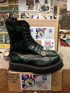 Grinders Made in England Bulldog Green Rub Off 10 Eye Steel Size 8 UK. Excellent and Rare pair of Grinders Made During the Golden Age of British Bootmaking. Featuring a Stacked Sole Unit, Stitched Steel Toe Cap, Notcher Welt and Beautiful Green Rub Off Upper.  Sizes 4,5 and 8 available £310 Mining Boots, Steel Boots, Punk Scene, The Golden Age, Little Outfits, Mens Shoes Boots, Dr. Martens Boots, Golden Age, Dr. Martens