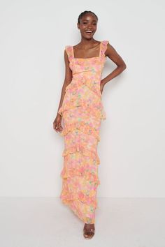 Cecile Maxi Dress - Orange and Pink Floral – Pretty Lavish Spring Formal Dresses, Orange Bridesmaid Dresses, Floral Bridesmaid Dresses, Floral Dress Formal, Floral Bridesmaid, Guest Attire, Wedding Attire Guest, Cute Prom Dresses, Short Bridesmaid Dresses