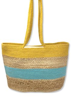 The Sunny Tote adds a cheerful, bold statement to your summer style. With soft cotton rope handles and a spacious interior, it’s designed for both comfort and practicality. The ivory canvas lining makes cleaning a breeze, while the internal zippered pouch and quick-access pockets keep your essentials (like your phone and sunglasses) organized. The additional zipper at the top ensures NOTHING will fall out of this bag. Even if you’re doing somersaults with it. Handmade by artisans in India, this Casual Canvas Straw Bag For Daily Use, Vacation Cotton Shoulder Bag With Adjustable Strap, Everyday Summer Canvas Bag With Braided Handles, Summer Canvas Bag With Braided Handles For Everyday, Spring Vacation Canvas Shoulder Bag, Casual Canvas Straw Bag For Everyday Use, Casual Yellow Woven Beach Bag, Summer Travel Straw Bag With Canvas Material, Spring Beige Cotton Beach Bag