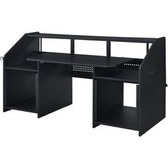 a black computer desk with two shelves and one shelf on each side, in front of a white background