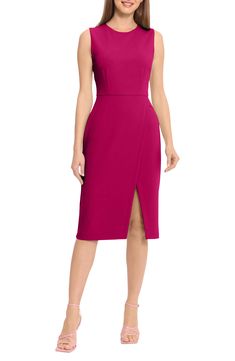 Knee-length Stretch Dresses With Side Slits, Sleek Work Dresses With Side Slits, Sleek Workwear Dresses With Side Slits, Knee-length Dresses With Side Slits For Date Night, Fitted Dress With Split Hem For Formal Occasions, Fitted Formal Dress With Split Hem, Workwear Dresses With Side Slits, Fitted Sleeveless Midi Dress With Side Slits, Spring Knee-length Midi Dress With Split Design