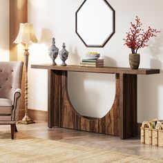 a living room with a table, chair and vase on the floor in front of a mirror