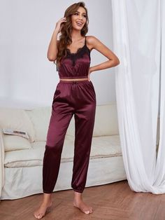 SHEIN Lace Trim Velvet Cami & Pants Pj Set | SHEIN USA Colorblock Pants, Velvet Cami, Satin Cami Top, Satin Cami, Satin Pajamas, Pajama Set Women, Pajama Sets, Pj Sets