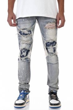 Find KDNK Patched Ripped Jeans In Vintage Medium on Editorialist. 5-pocket jeans in washed stretch denim. Zippered fly. Signature back pocket darts. Rips at knees and thigh with patches inside. Paint splatter details. Tapered Skinny. Stretch denim. 98% Cotton / 2% Spandex. Athletic Fit Jeans, Ripped Jeans Men, Latest Jeans, Black Ripped Jeans, Comfortable Jeans, Patched Jeans, Women Men Shoes, Back Pocket, Pocket Jeans