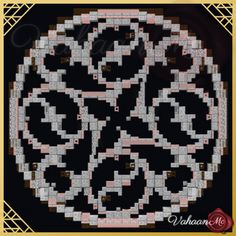 a cross stitch pattern in the shape of an ornamental design on a black background with gold border