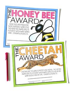 the cheetah award and honey bee awards are on display in front of each other