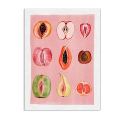 an art print with fruit cut in half on a pink background