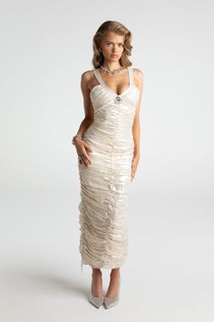 Elegant Silver Backless Evening Dress, Silver Backless Evening Dress For Gala, Elegant Gold Shimmer Evening Dress, Glamorous Ruched Backless Evening Dress, Elegant Sparkling Champagne Dresses, Elegant Shimmer V-neck Evening Dress, Luxury Ruched Evening Dress For Wedding, Silver Backless Evening Dress For Wedding, Elegant Shimmer Evening Dress