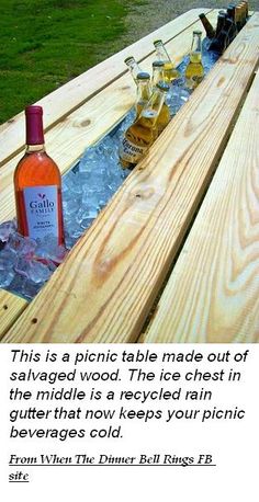 several bottles of wine are lined up on an ice - filled bench with water in it