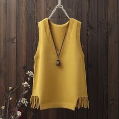 V Neck Fringed Women Sweaters Spring Jumper, Vest Women, Sweater Vest Women, Casual Vest, Yellow Sweater, Fashion Korean, Solid Clothes, Casual Sweaters, Primavera Estate