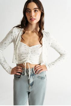 Ivory Crop Top - Long Sleeve Top - White Ruched Top Spring Ruched Tops For Layering, Casual Spring Cardigan For Brunch, Crop Top And Cardigan, Cardigan Set, Model Profiles, Ruched Top, Blue Crop Tops, Floral Crop Tops, Formal Outfit