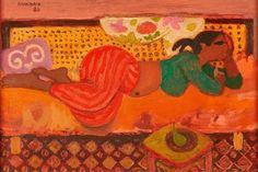 a painting of a woman laying on a bed