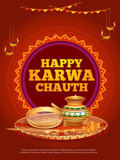 happy karwa chauth with diya and plate on colorful background for festival