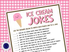 an ice cream joke is shown on a pink and white checkered tablecloth with the words ice cream jokes