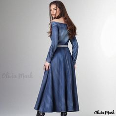 Olivia Mark - Embroidered Collar Cold Shoulder Denim Maxi Dress with Vintage Long Sleeves Long Sleeve Embroidered Denim Blue Dress, Embroidered Long Sleeve Denim Blue Dress, Embroidered Denim Blue Long Sleeve Dress, Embroidered Fitted Denim Dress, Long Sleeve Embroidered Denim Dress, Embroidered Long Sleeve Denim Dress, Fitted Embroidered Denim Dress, Long Sleeve Embroidered Denim Dress For Spring, Embroidered Long Sleeve Denim Dress For Spring