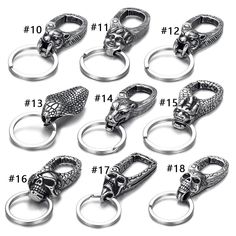 six different types of key chains with skulls on them and numbers in the bottom row