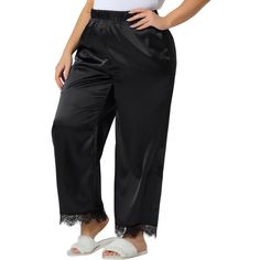 These satin lace trim pajama pants are designed for ultimate comfort and style. Made from a blend of 95% polyester and 5% spandex, these lounge pants are soft, lightweight, and have a little stretch for a loose fit without being too tight. The wide-leg design of these pants ensures freedom of movement and breathability, making them suitable for a variety of activities. From lounging at home and watching TV to going out, taking a vacation, or even walking the dog, these pants are versatile and es Black Lounge Bottoms With Lace Trim, Black Long Pants Sleepwear, Wide-leg Sleep Pants, Black Relaxed Fit Sleep Pants, Black 4-way Stretch Pants For Loungewear, Comfortable Wide-leg Sleepwear With Elastic Waistband, Lounge Pants, Lace Trim, Black Pants