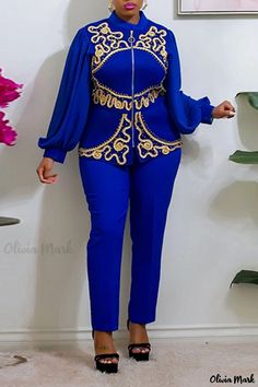 Olivia Mark - Womens Elegant Blue Solid Casual Patchwork Two-Piece Set with Long-Sleeve Zippered Collar Printed Pants Style, Blazer And Skirt Set, Moroccan Kaftan, Blue Two Piece, Straight Clothes, Black Two Piece, Two Piece Pants Set, Blazer And Skirt, Islamic Clothing