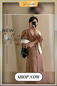 Retro Sweet Floral Print V-neck Dress National Trendy All-match Casual Fashion Dress New Spring Outgoing Dress Women Robe Vintage V-neck Dress For Brunch, Women Robe, Women's Robe, Sweet Floral, Style Office, V Neck Dress, How To Be Outgoing, Women's Fashion Dresses, New Dress