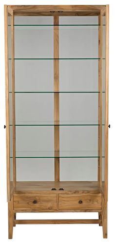 a wooden display case with glass doors and drawers on the bottom shelf, against a white background