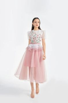 Amity Peplum Puffy Sleeved Organza Midi Dress | MEAN BLVD Organza Midi Dress, Gentle Feminine, Pink And Green Dress, Traditional Attires, Happy Clothes, Mean Blvd, Long Gown Dress, Floral Embroidery Patterns, Embroidered Midi Dress