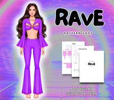 an image of a woman in purple clothing with the name rave on it and a pattern shop