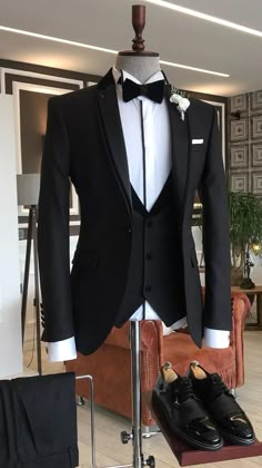 Collection: Autumn – Winter 2021/22  Product: Slim-Fit 3 Piece Suit  Color Code: Black  Size: EU46/US36 S | EU48/US38 S | EU50/US40 S | EU52/US42 S | EU54/US44 S | EU56/US46 S | EU58/US48 S  Suit Material: 70% polyester, 30% Viscose  Drop: 6  Cutting: Italian  Button: One Button  Vents: Double Vent  Machine Washable: No  Fitting: Slim-fit  Package Include: Jacket, Vest, Pants and Bow Tie Lapel Wedding, Groom Tuxedo Wedding, Men's Business Suits, Suits Men Business, Black Shawl, Wedding Suits Groom, Suit Material