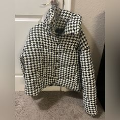 Nwt! Houndstooth Puffer Jacket, Purchased And Never Worn. Fitted Black Houndstooth Outerwear, Chic Houndstooth Winter Outerwear, Trendy Winter Houndstooth Outerwear, Trendy Houndstooth Winter Outerwear, Casual Black Houndstooth Outerwear, Trendy Long Sleeve Houndstooth Outerwear, Casual Fitted Houndstooth Outerwear, Trendy Houndstooth Outerwear For Spring, Casual White Houndstooth Outerwear