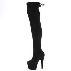 7" High Heel, 2 3/4" Platform Pull On Thigh High Boots. Back Topline Lacing Featuring Fully Wrapped Bottom. Black Stretch Faux Suede. Styles: Stripper Dancing Clubbing Dance Winter Dominatrix Drag Roda-3008 Thigh High Boots, Black Stretch, Thigh High, Over The Knee Boots, Thigh Highs, Over The Knee, High Boots, Faux Suede, High Heel