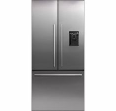 a silver refrigerator freezer sitting next to a white wall