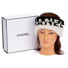 Black and white Chanel Headband made out of shearling. The logo "Chanel" is written over the front of the band. The perfect pieces for your next ski vacation. The piece comes in the original box and is brand new. Chanel Headpiece, Chanel Accessories Hair, Chanel Vintage Accessories, Chanel Headband, Chanel Fur Headband, Ski Headband, Ski Vacation, Bandanas, Making Out