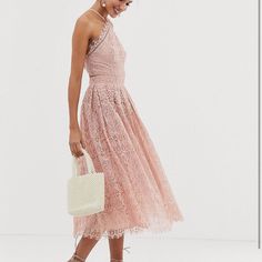 Bought This Dress For A Wedding And Never Wore New With Tags. Size 4. Beautiful Detailing And Cutout In The Back. Fully Line And Bottom Has One Layer Of Tulle For A Little Flare. From The Asos Tall Line And Is Midi Length Chic Sleeveless Lace Dress For Prom, Feminine Halter Neck Wedding Dress, Chic Lace Trim Midi Prom Dress, Bridesmaid Midi Length Dress With Lace Trim, Spring Bridesmaid Dress With Lace Trim, Feminine Sleeveless Midi Dress For Wedding, Summer Midi-length Lace Dress For Prom, Summer Midi Lace Dress For Prom, Sleeveless Lace Dress For Summer Wedding