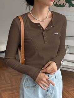 Coffee Brown Casual Collar Long Sleeve Fabric Letter  Embellished Medium Stretch  Women Tops, Blouses & Tee Long Sleeve Shirt Outfits, Long Sleeve Outfits, Mode Inspo, Sporty Outfits