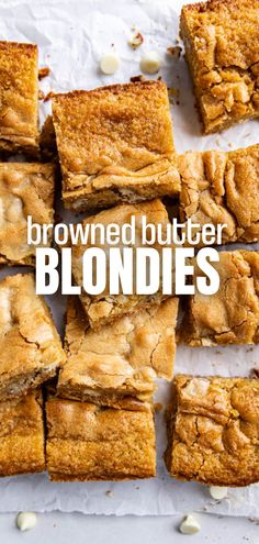 An overhead view of squares of browned butter blondies on parchment paper. Recipes Using Browned Butter, Blonde Bars Blondie Brownies, Blonde Brownies Cake Mix Blondie Recipe, Browned Butter Blondies Recipe, Blonde Brownie Recipes, Blonde Recipe Brownies, Blondes Recipe Blondie Brownies, Caramel Blondies Recipe, Brown Butter Blondies Recipes