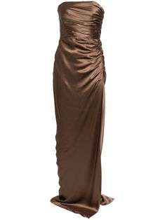 brown silk long length strapless fitted waistline fitted waistline gathered detailing side slit boned bodice concealed side zip fastening silk lining satin finish Michelle Mason, Boned Bodice, Yoko London, City Dress, Silk Gown, Brown Silk, Summer Beach Wear, Long Length, Satin Finish