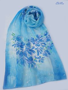 Large hand painted silk scarf with bright blue cornflowers and | Etsy Hand Painted Blue Silk Scarf For Summer, Blue Hand Painted Bohemian Silk Scarf, Blue Hand Painted Silk Scarf, Blue Bohemian Hand Painted Silk Scarf, Bohemian Blue Hand Painted Silk Scarf, Blue Hand-dyed Silk Scarf For Summer, Hand Dyed Blue Silk Scarf For Summer, Summer Hand Dyed Blue Silk Scarf, Blue Hand Dyed Silk Scarf For Summer