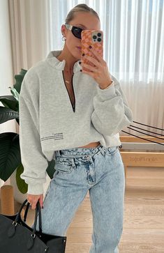 Caught Up With You Zip Front Sweater Grey Marle Sarahs Day, Sarah's Day, Waistband Design, Zip Front Sweater, High Rise Straight Leg Jeans, Winter Inspo, Silver Button, Sweater Grey, Clean Girl