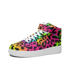 Rainbow Leopard Sneakers, Unisex high Top Leather Sneakers. Rubber sole Non-marking rubber outsole for traction and durability Perforated toe box provides breathability. Comfort and impact protection. Custom basketball traction pattern ensures grip on any surface. Unrealistic Clothing, Leopard Sneakers, Leopard Shoes, Rainbow Leopard, Custom Basketball, Sneakers Athletic, Art Clothes, Cute Shoes, Leather Sneakers