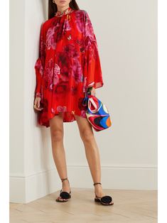 CAMILLA Crystal-embellished floral-print silk-chiffon mini dress | NET-A-PORTER Red Silk Dress With Printed Details, Red Silk Dresses With Printed Details, Silk Red Printed Dress, Red Printed Silk Dresses, Designer Red Silk Dress, Designer Red Summer Dresses, Designer Red Dresses For Summer, Camilla Clothing, Embellished Collar