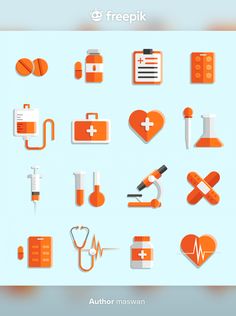 an orange medical icon set on a light blue background with white and red items in the shape of heart