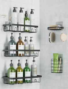 the bathroom shelves are organized with soap and lotion