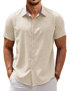 PRICES MAY VARY. Premium Fabric -- This mens short sleeve button down shirts made of soft, breathable and lightweight fabric, casual, comfortable and skin-friendly, perfectly suitable for all seasons. Casual Shirt Design --- Men linen beach shirt features basic design, short sleeves, button closure and unique plaid collar bringing you more wearing possibilities. It's loved by people of all ages. Summer Outfit -- Men casual button down shirts is easy to match with beach shorts, solid t-shirts, li Solid Camp Shirt With Button Closure For Vacation, Solid Short Sleeve Shirt With Button Closure For Beach, Solid Short Sleeve Shirt With Button Closure For Vacation, Casual Collar Short Sleeve Shirt For Vacation, Solid Color Button-up Short Sleeve Shirt For Beach, Solid Color Camp Shirt With Buttons For Summer, Casual Collar Solid Short Sleeve Shirt For Vacation, Vacation Casual Collar Solid Short Sleeve Shirt, Solid Color Short Sleeve Shirt For Vacation