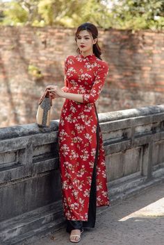 Long Cheongsam For Tea Ceremony, Red Fitted Ao Dai, Traditional Long Sleeve Dress For Tea Ceremony, Long Dresses For Tea Ceremony, Red Long Cheongsam For Spring, Traditional Dresses For Tea Ceremony, Red Fitted Full-length Ao Dai, Festive Long Fitted Cheongsam, Festive Fitted Cheongsam With Long Sleeves