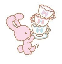 a pink teddy bear sitting on top of a teacup next to a pink bunny